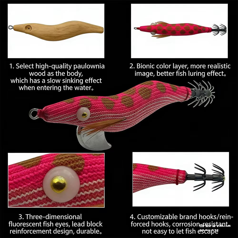 QAJTAO Holz-Garnelenköder, Tintenfisch-Jig, Paulownia-Holz-Tintenfischköder, Oktopus-Jig, Oktopus-Köder, Meeres-Jig, Angelköder, Tintenfischhaken – Detail 2