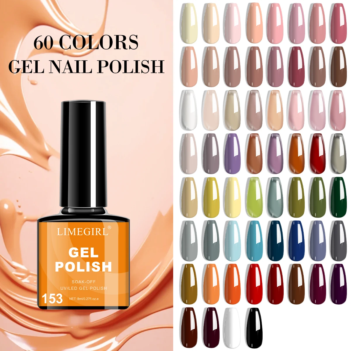 

limegirl 60 Color 8ML Nail Polish Nail Supplies Permanent Manicure Nail Soak LED UV Gel Nail Polish