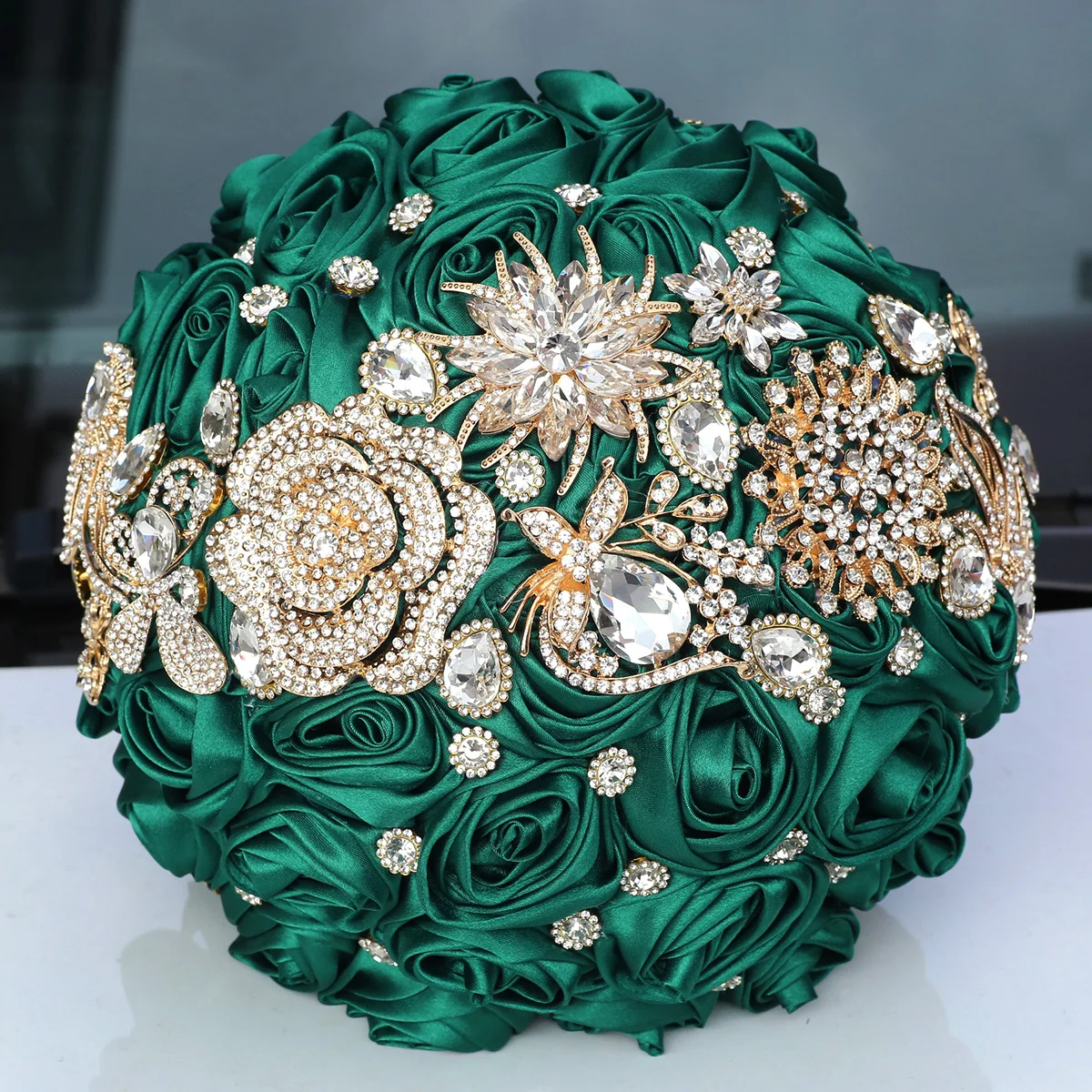 Dark Green bride wedding Bouquet Luxury Joaquin rhinestone Heavy ribbon roses Bridesmaid Eternal bouquet wedding supplies  W913A