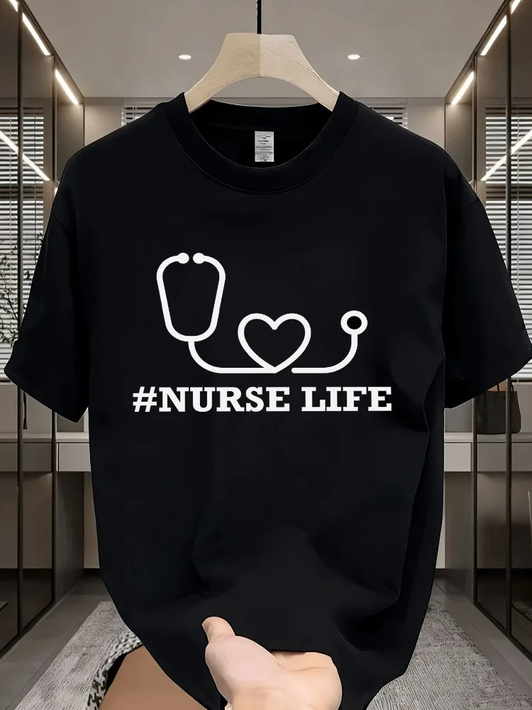 Men Summer Cotton Short Sleeve T Shirt Stethoscope Heart Nurse Life Print Crew Neck Casual Loose Medical Profession Fashion Tee