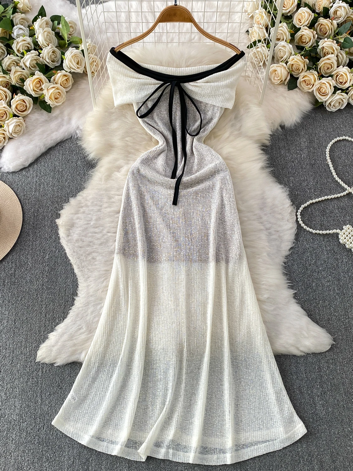 Elegant Knitted Shoulder Bared Dress with Shawl And  Knot for Women Summer High Waist A-Line Dress No Sleeve