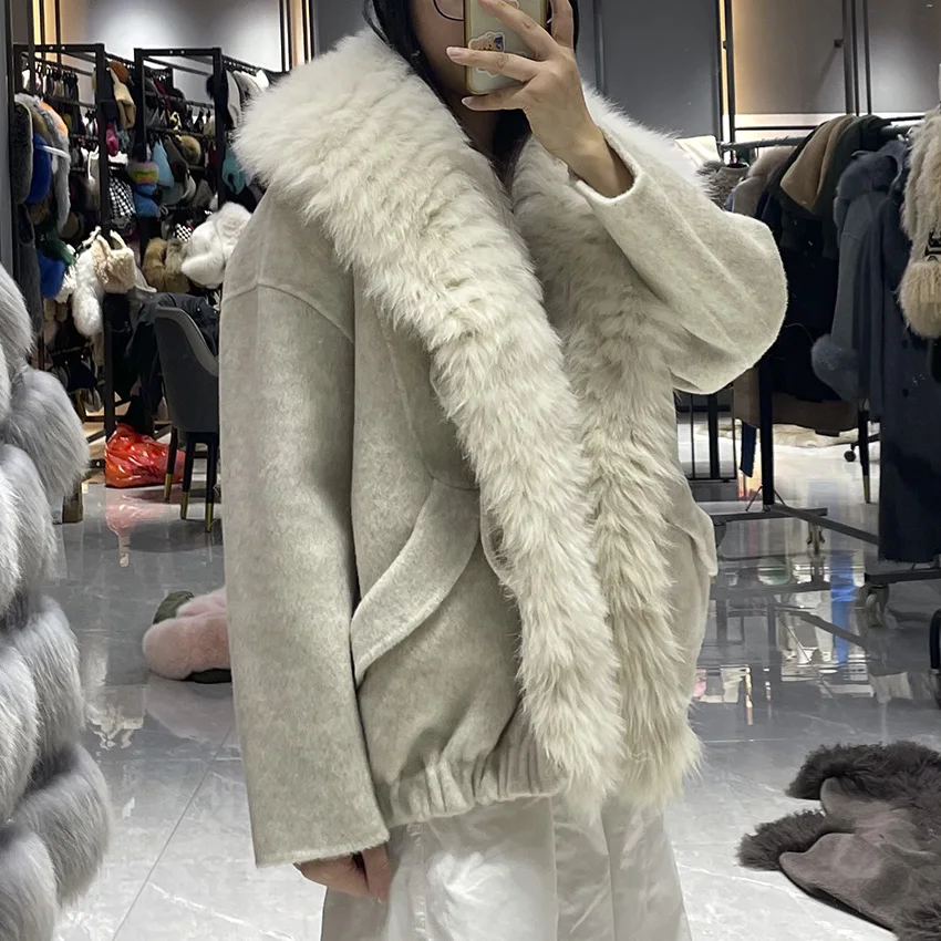 JANEFUR Women Wool Coat Real Fox Fur Trim Big Collar Jacket 2026 Winter Warm Loose Woolen Outerwear Luxury Female JFB4-26051