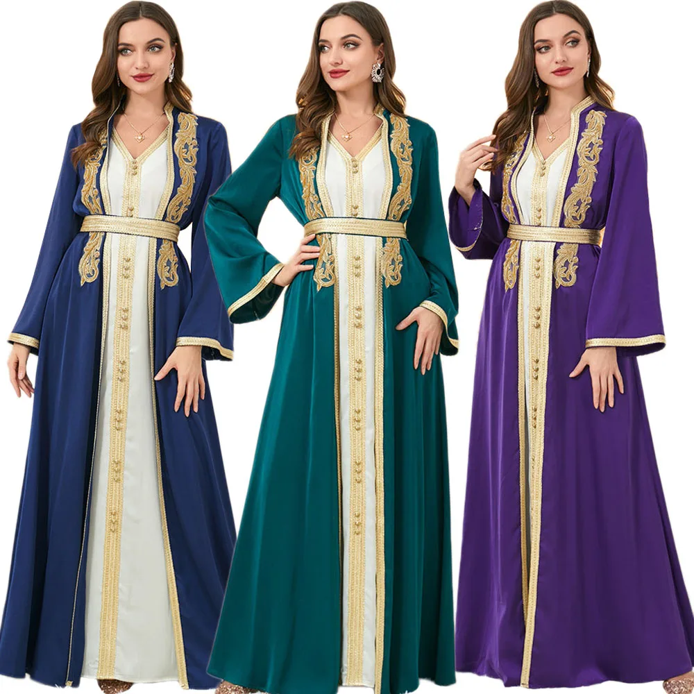 2 Piece Matching Set Luxury Embroidery Women Turkey Muslim Dubai Outfit Kimono Open Abaya Maxi Dress Islamic Arabic Clothing Eid