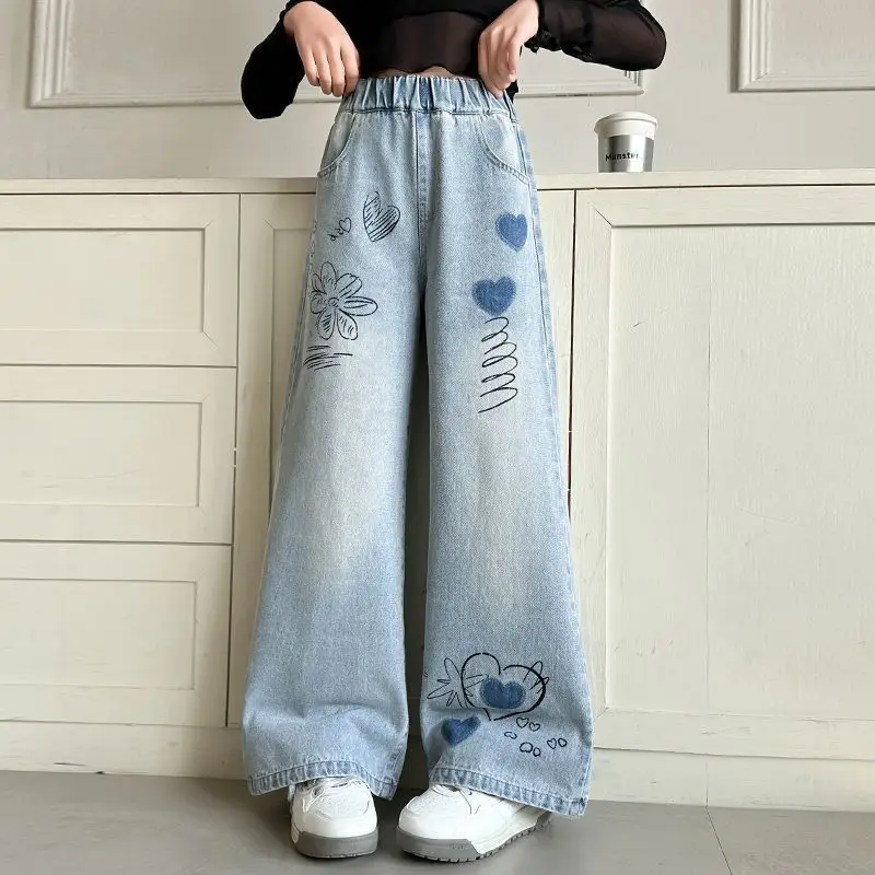 2026 New Girls Denim Jeans Spring Autumn Loose Wide Leg Straight Pants Super Soft Casual Trousers Trendy