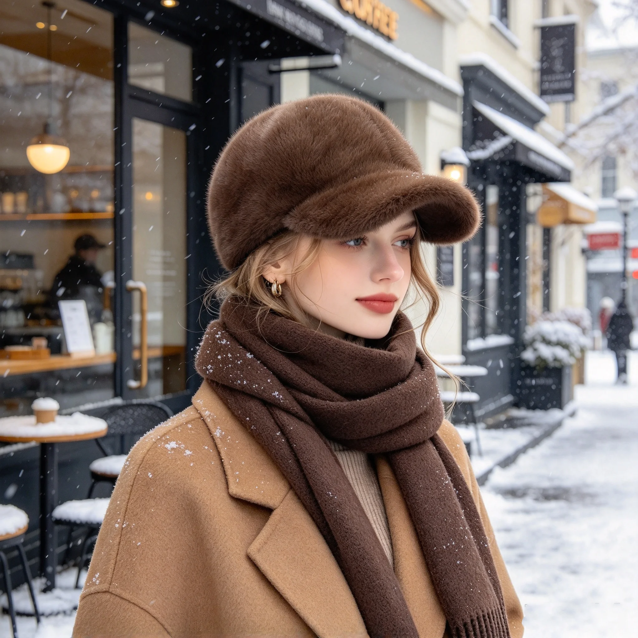 Autumn and Winter Women's Faux Mink Full-Cover Plush Baseball Cap, Thickened Windproof Curved Brim, Solid Color, Suitable for Winter Snows, Paired with a Woolen Coat, Warm Winter Hat for Commuting