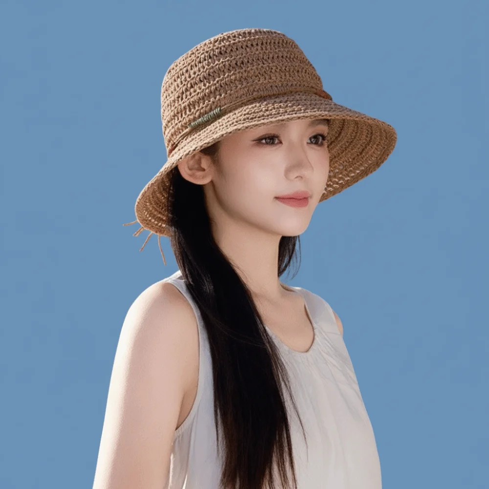 Sweet Large Straw Weave Sun Hat Wide Brim Bohemian Sunscreen Bucket Hat Breathable Sun Protection Fisherman Hat Vacation