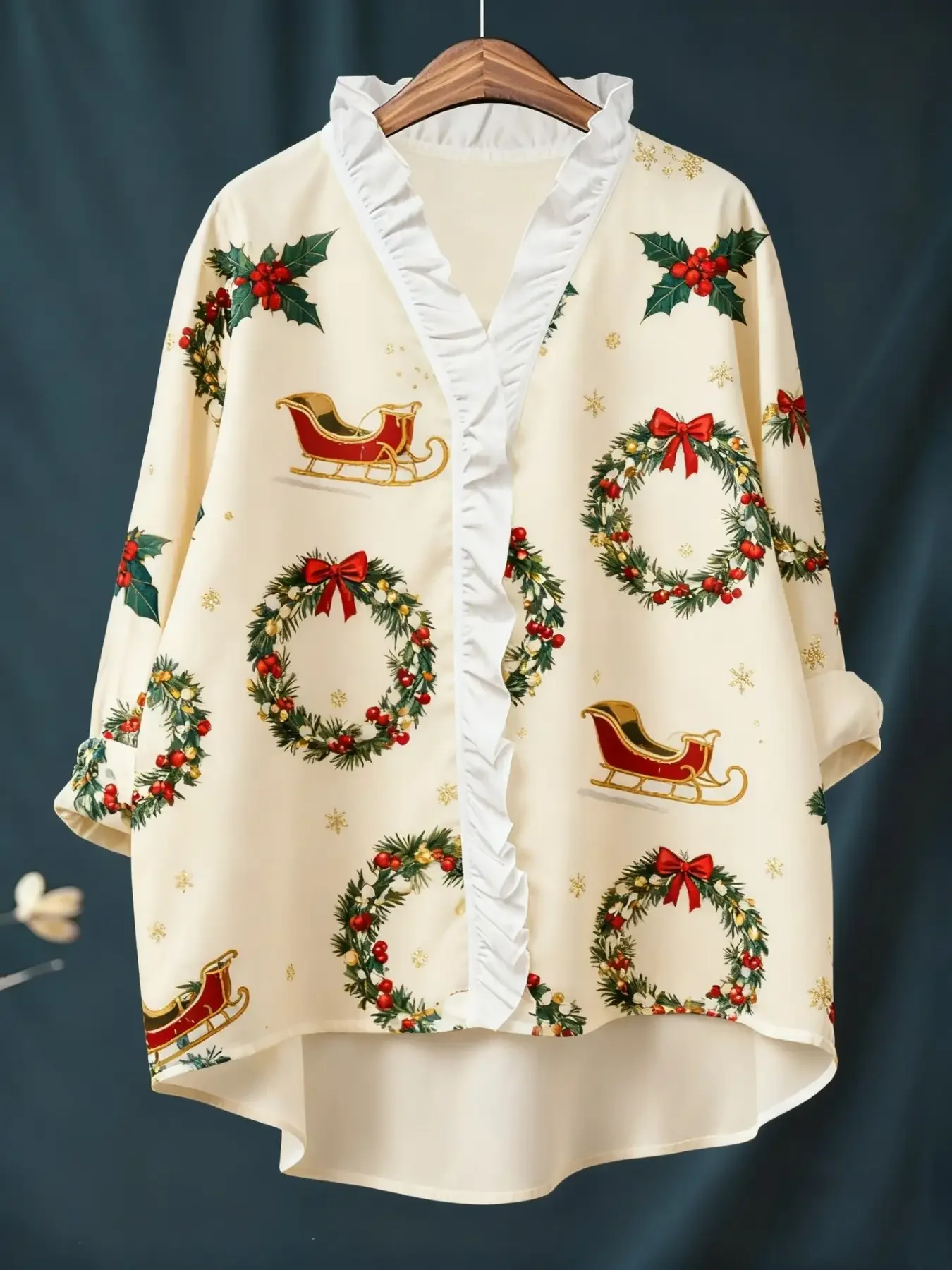 

New women's Christmas digital printed long sleeved shirt with ruffled collar, loose fit, versatile and practical to wear