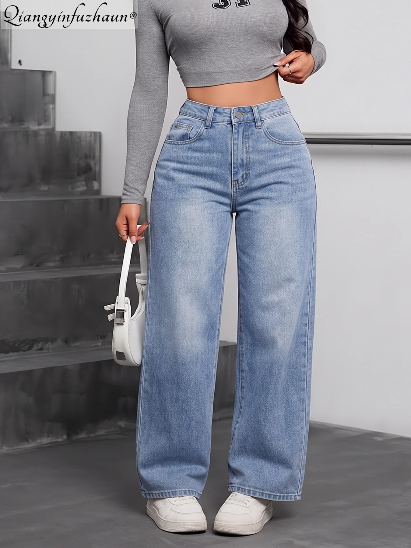 Soft and Smooth, Skin-Friendly Water-Washed Light Blue Straight-Leg Denim Pants for Women - Simple, Elegant, and Suitable for Fo