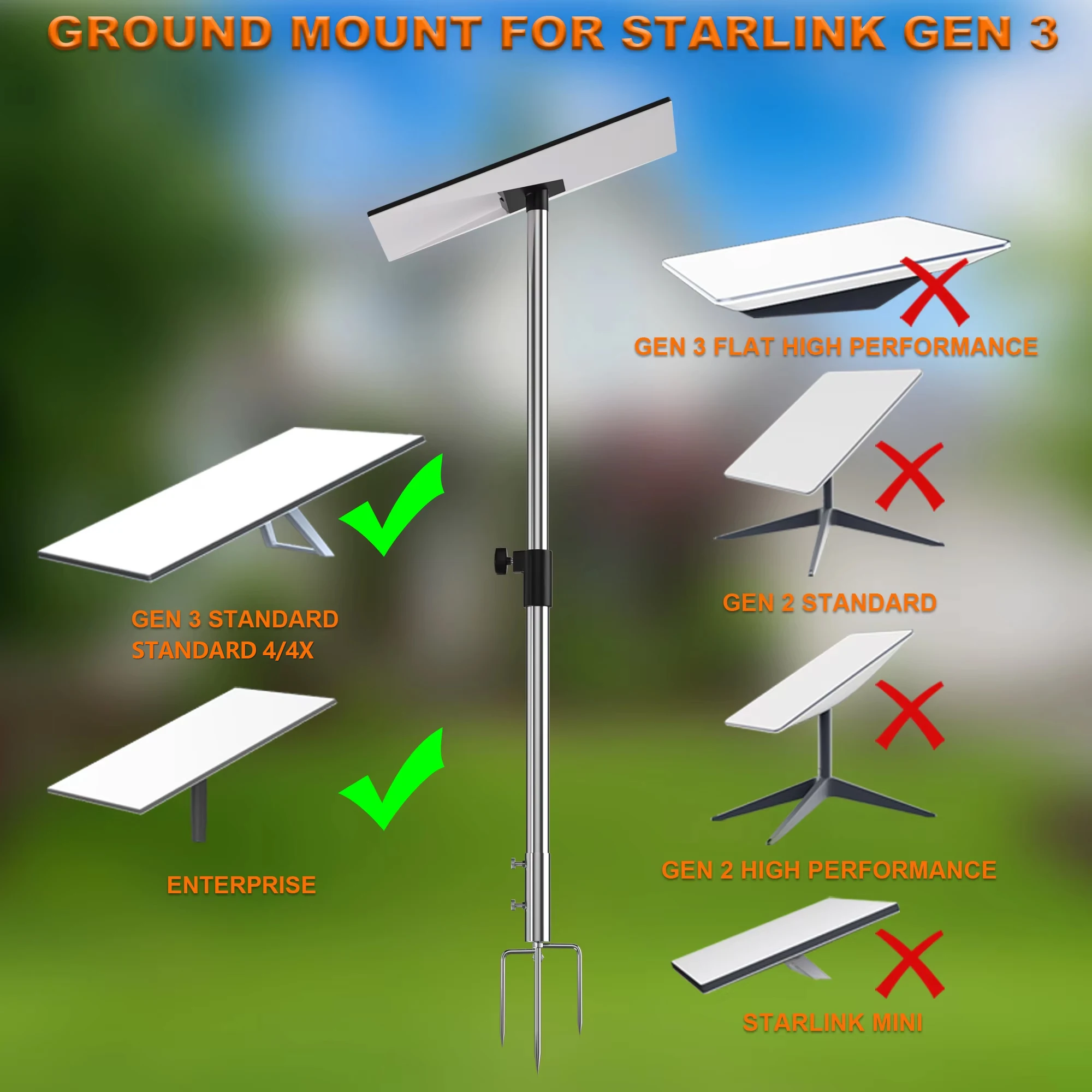 Starlink Gen 3/Standard 4/4X Ground Pole Mount -Heavy Duty Stainless Steel Ground Stand-Adjustable Height -Pipe Adapter Included