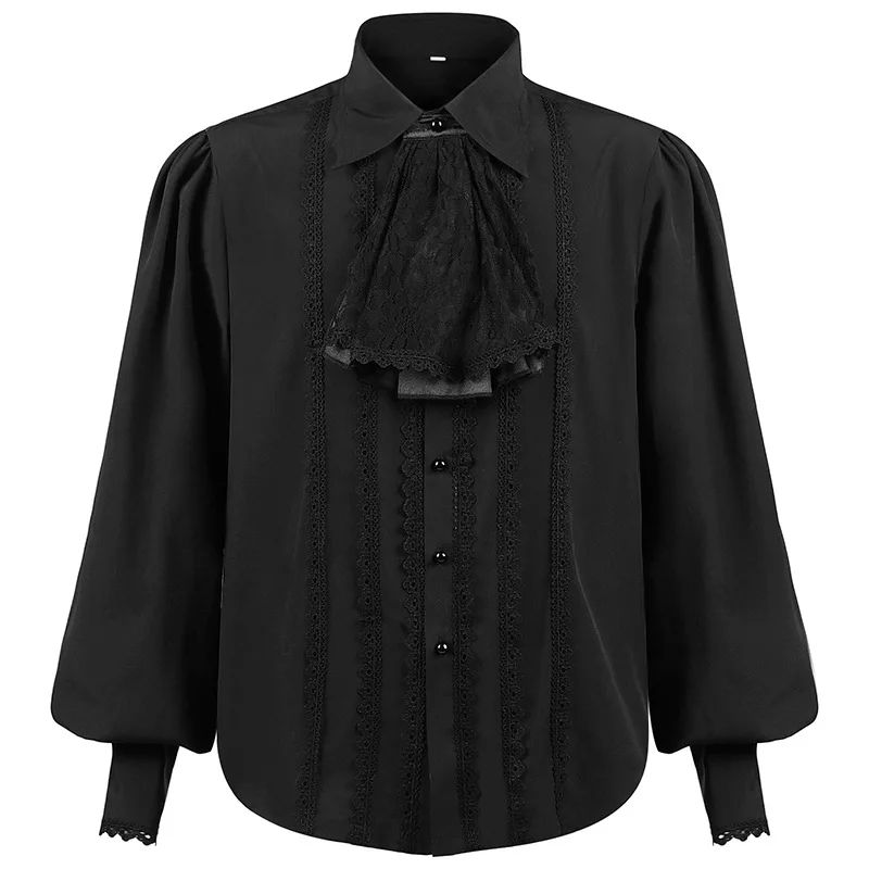 남자를위한 새로운 할로윈 의상 Pleated Shirt 중세 의류 코스프레 Steampunk Victorian Pirate Viking Warrior Black Top