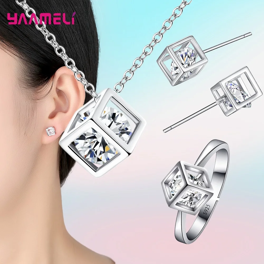 Top Sale Real Pure 925 Sterling Silver Jewelry Gift Set Cube Cubic Zircon Necklace/Earrings/Bracelet/Ring for Wedding Engagement