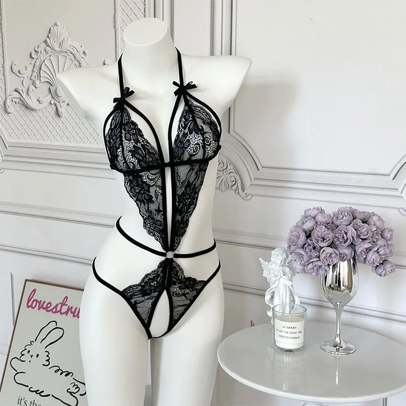 Pajamas Clothing Sexy Women's Open Deep V Lingerie Sets Lace Sheer Bodysuits Sex Crotchless Hollowed Out Babydoll Dresses Tights image 5