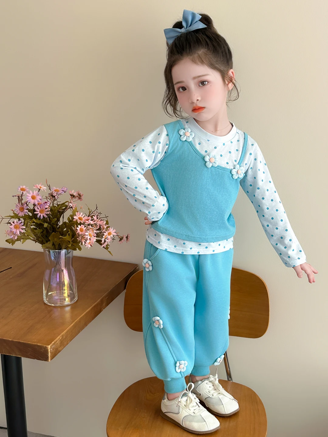 Spring Autumn Polka Dot Sweatshirt Flowered Trousers Two Piece Set for Little Girls Sweet Fake Two Piece Outfit Children's Cl...