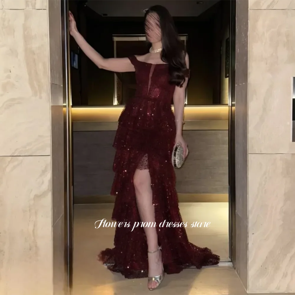 

NFYN Off Shoulder Party Dress Beading Sequined Prom Dresses High Slit Evening Dress with Layers Princess Gown Customized