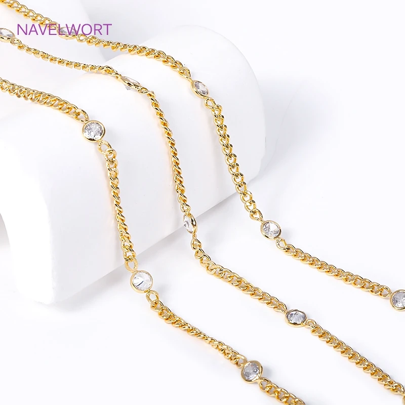 18K Gold Plated Brass Mental With Zircon Crystal Beads Chains For Handmade Jewelry Making DIY Necklace Supplies Wholesale