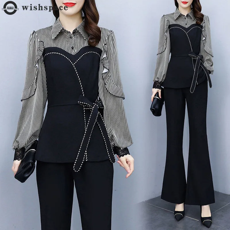 

2022 Comfortable Fashion Temperament Show Thin Ms Long Sleeve Splicing Stripe Two-piece Leisure Coat Pants Suit