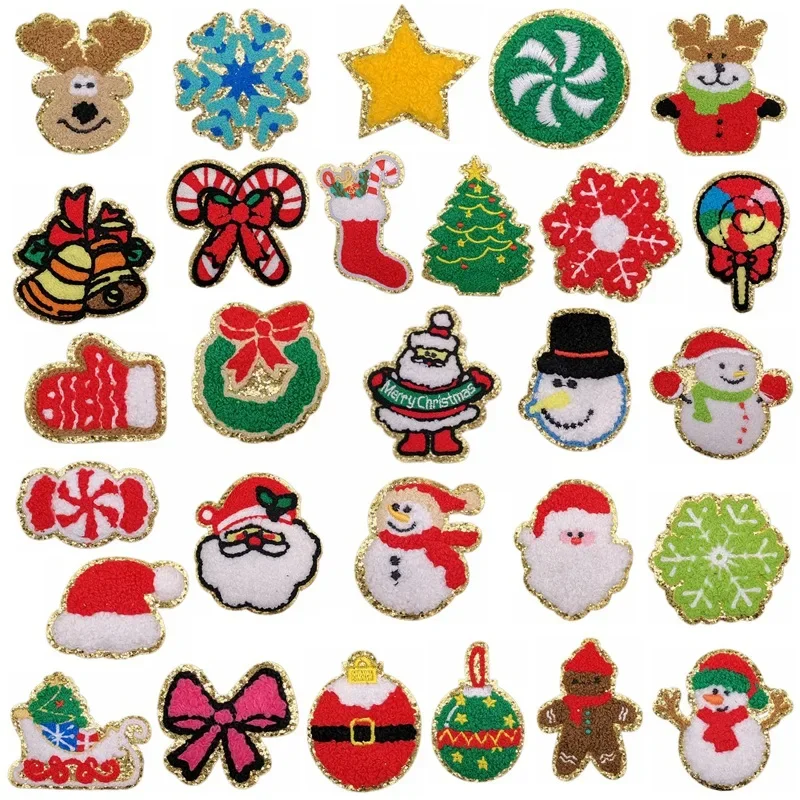 1pc Nuovo Natale Pupazzo di Neve Ciniglia Patch Ferro sulle Toppe E Stemmi Ricama Asciugamano Adesivo per Borsa di Abbigliamento Applique Patch di