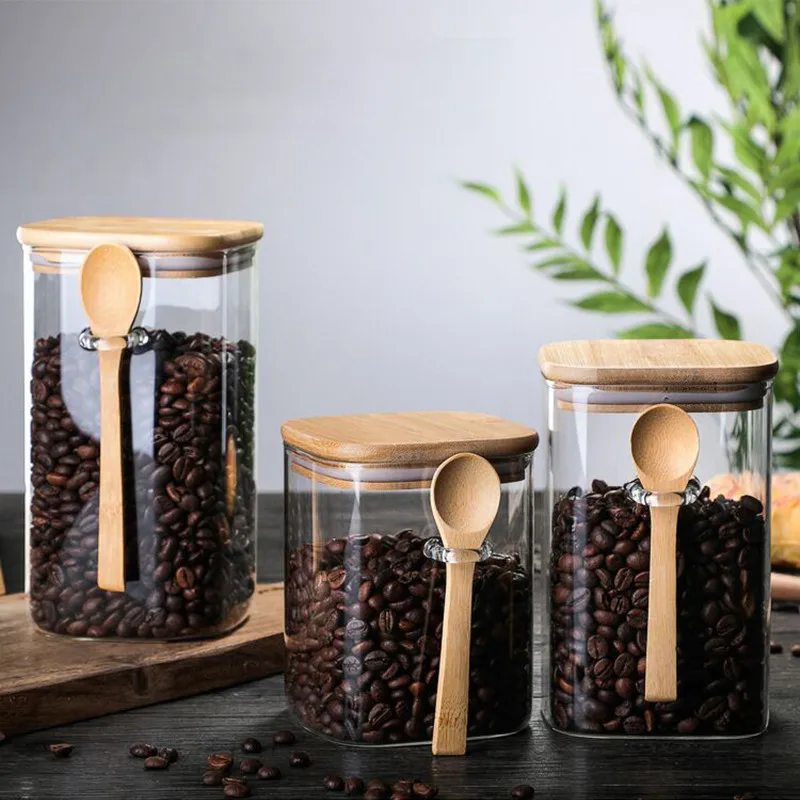 Glass Square Storage Jar with Bamboo Lids Spoon Glass Coffee Canister Food Container for Beans Pasta Candy Spice Rice Loose Tea