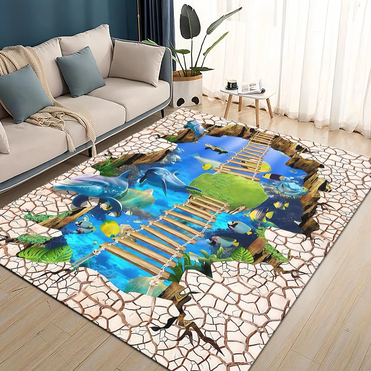 Magic 3D Illusion Pattern Hallucination Underwater Dino Carpet Rug for Living Room Bedroom Home Sofa,kids Non-slip Floor Mat