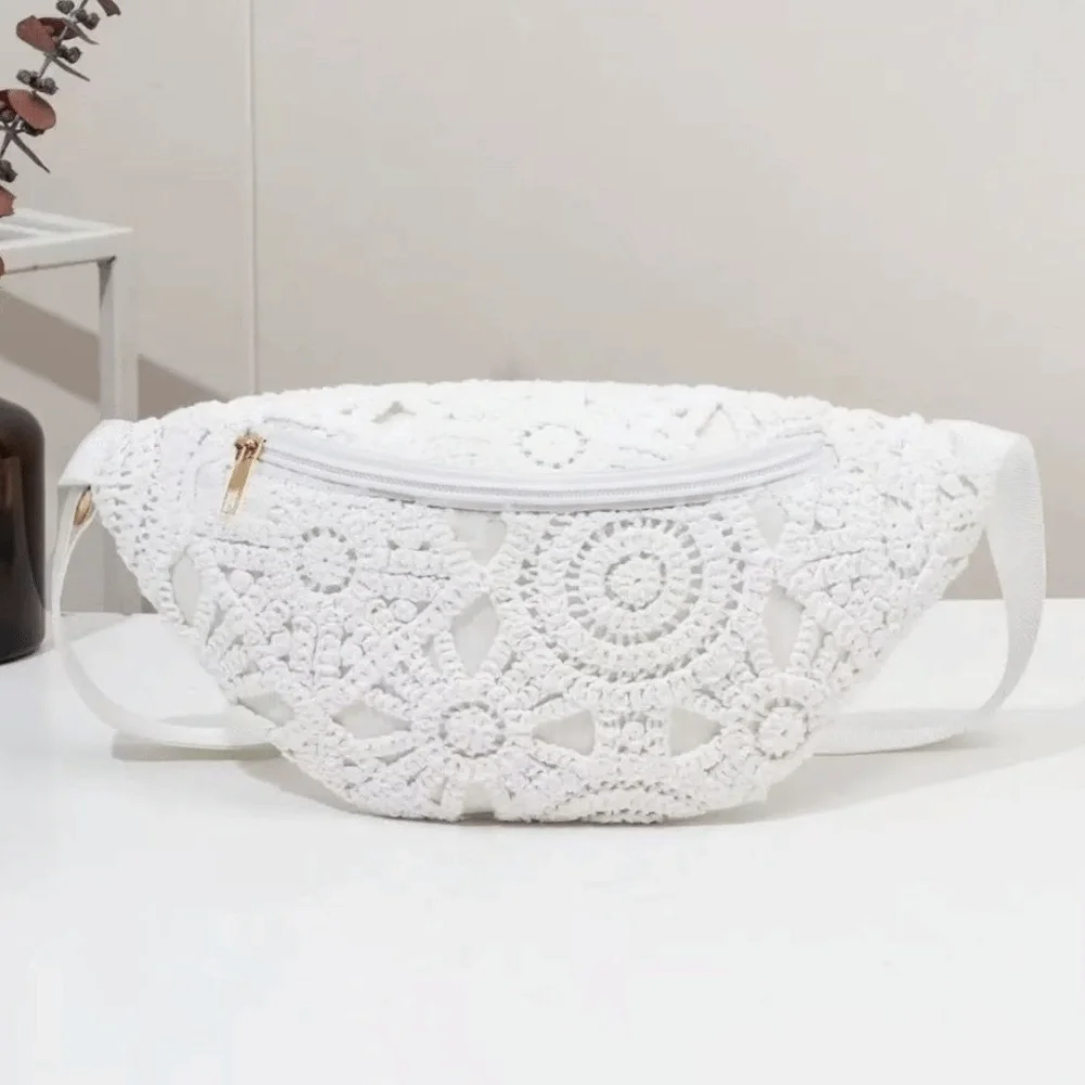 New Bohemian Style Beach Waist Bag PU Leather Large Capacity Crossbody Bag Zipper Solid Color Hollow Chest Bag Vacation Wear