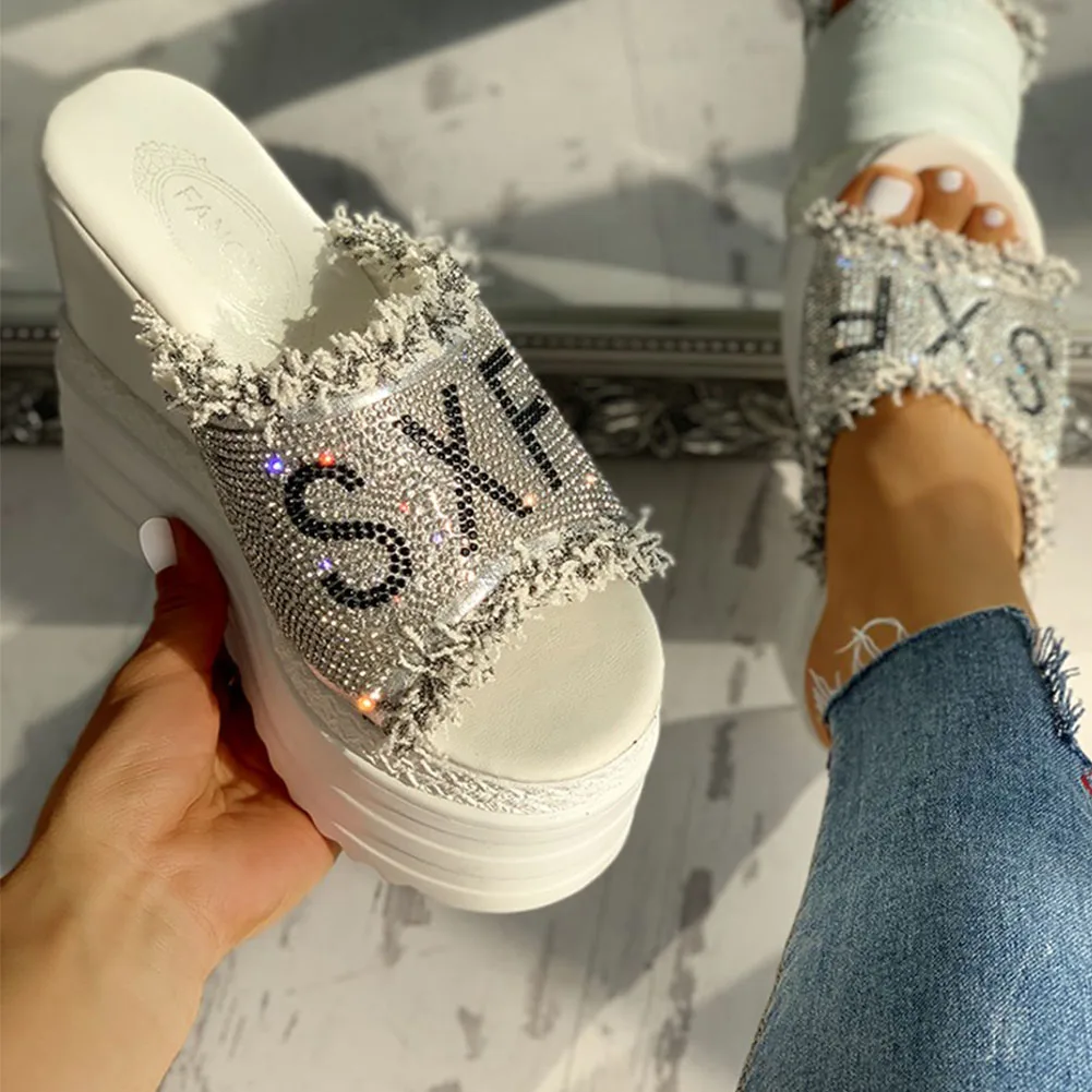 2023 New Women\'s High Heels Crystals Fashion Inner Height Leisure Summer Female Wedges Sandals Ladies Platform Mules Slippers