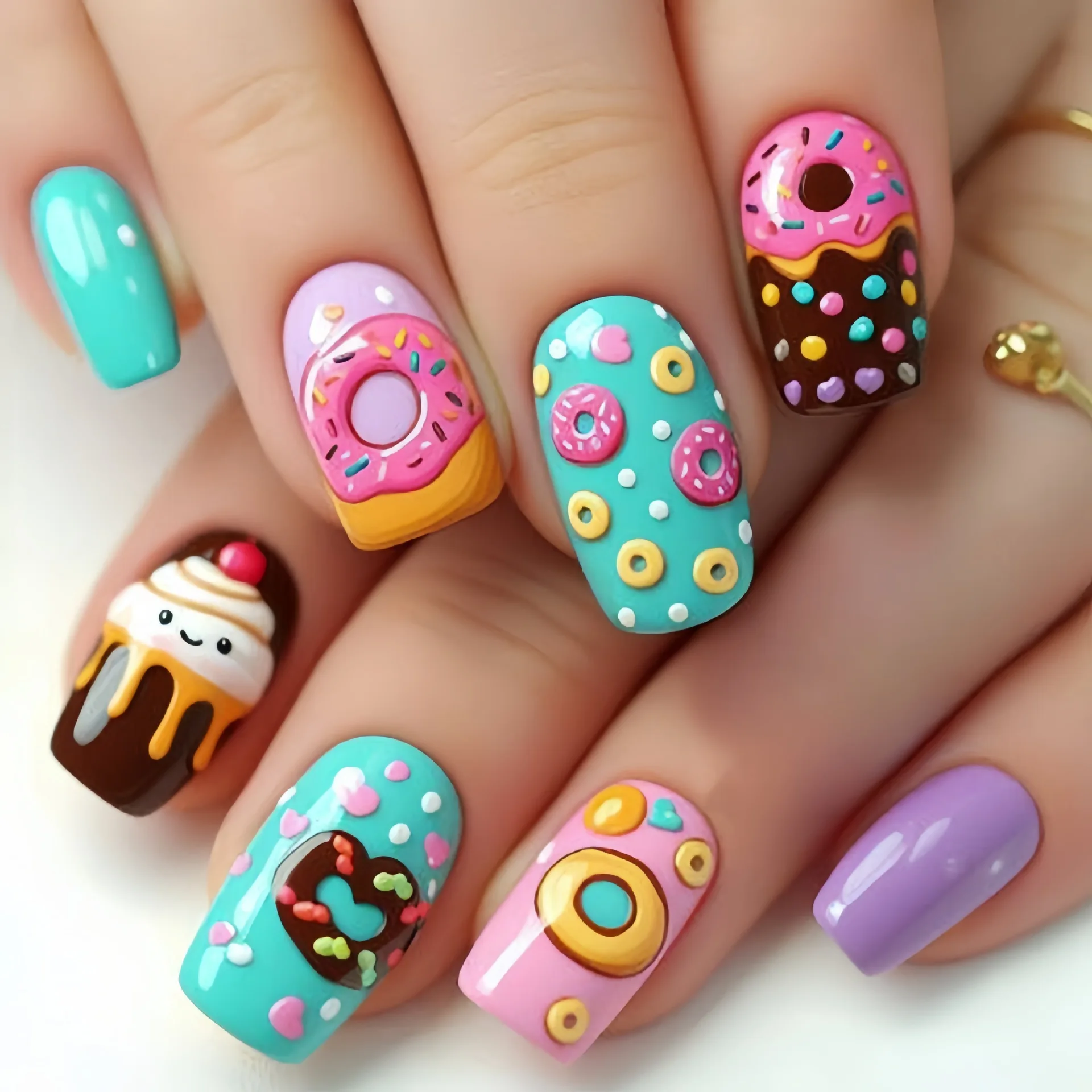 24pcs Macaron Ice Cream Press On Nails Summer Day Sweet Detachable False Nails Colorful Almond Spicy Girl Wearable Fake Nail