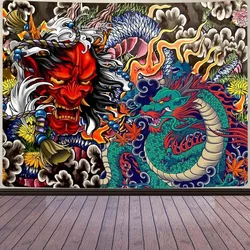 Japanese Dragon Tapestry Oni Mask Wall Hanging Aesthetic Anime Tapestry Art for Men Bedroom Living Room Flannel Fabric