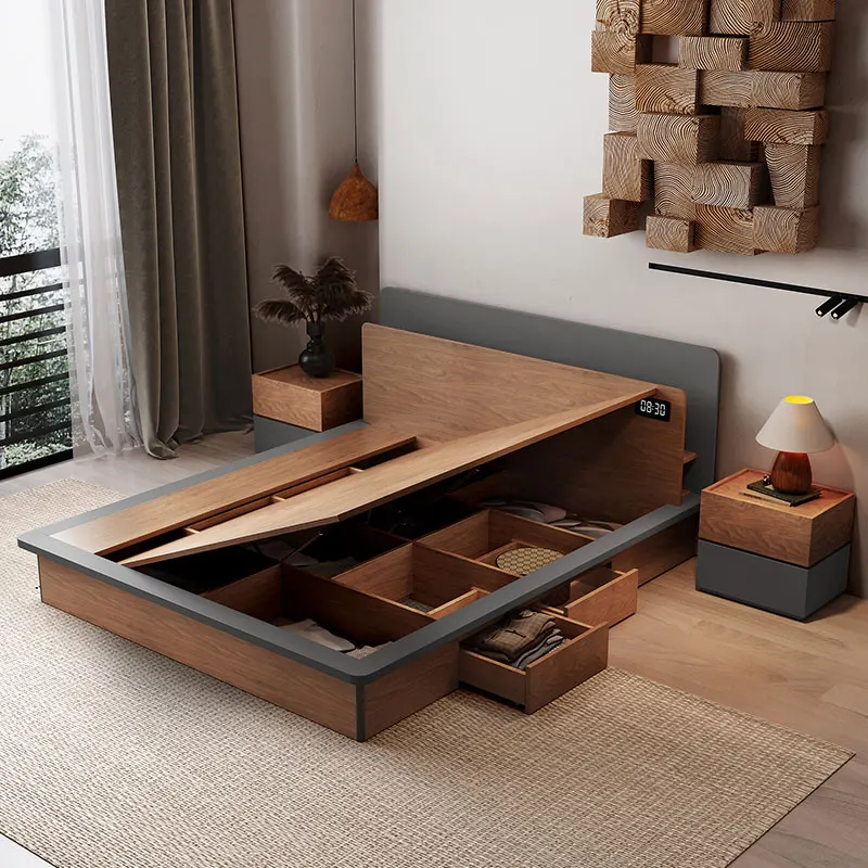 

Modern Bedroom Furniture Sleep Storage Wooden Platform King Size Bed Frame Hotel Double Bed Base With Drawer