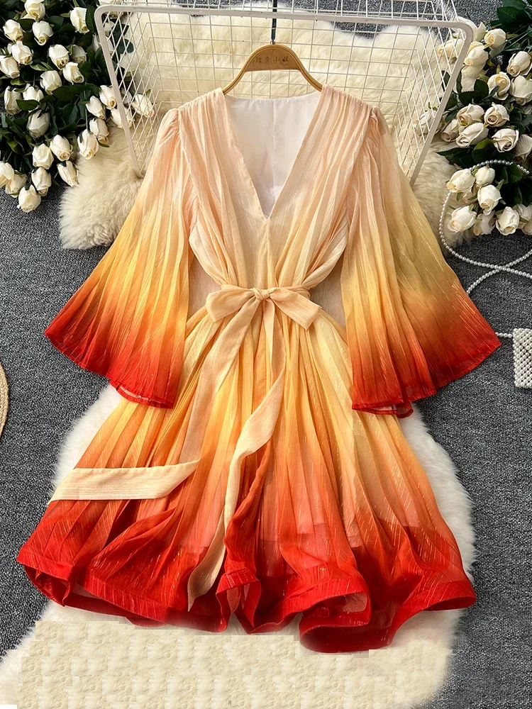 French Luxury Party Dress for Women's High End Vintage Elegant Ruffle Edge Gradually Changing Color Holiday Mini Dress A78