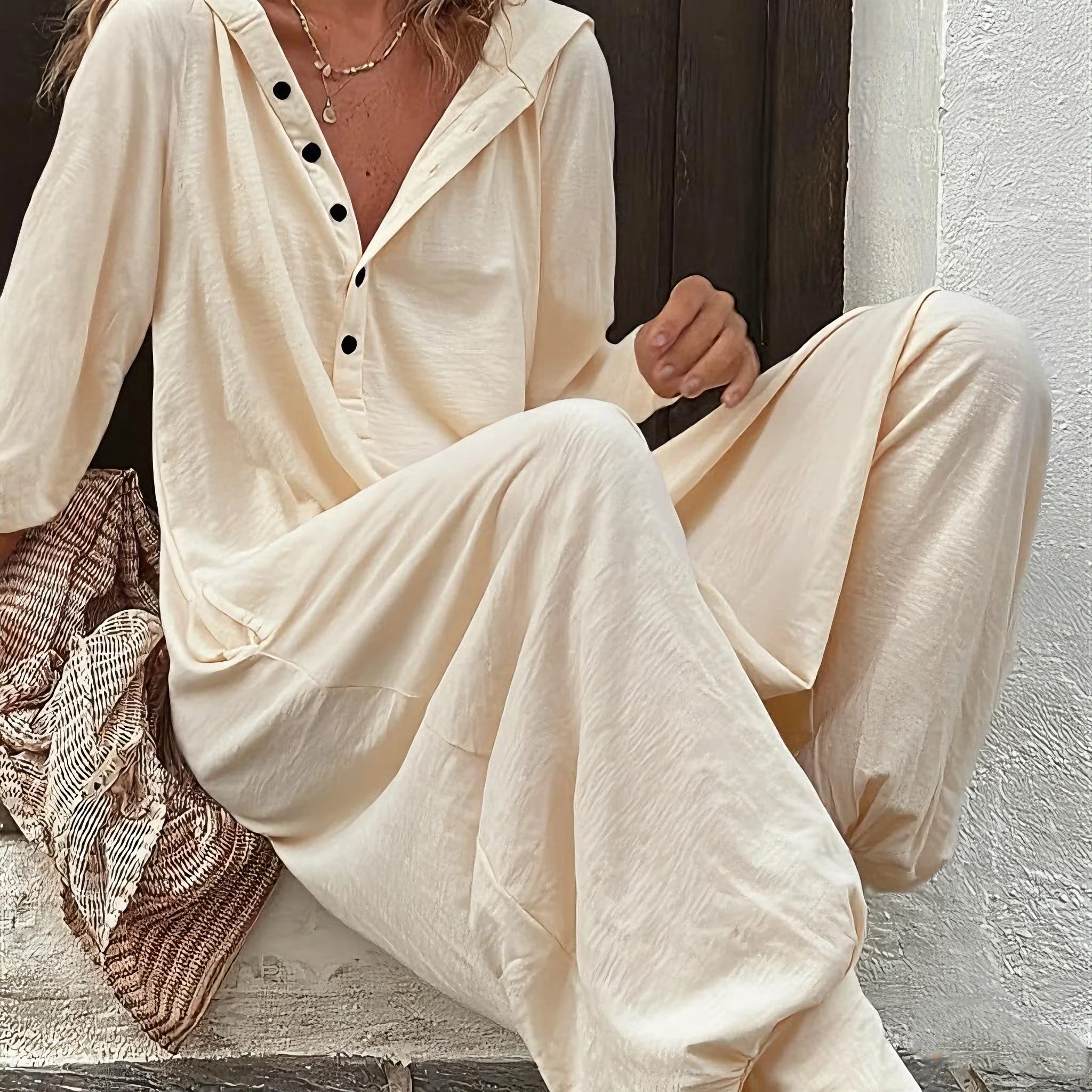 Fashionable Khaki Jumpsuit Women's Long Sleeve V Neck Soild Color Button Down Loose Fit Casual Romper