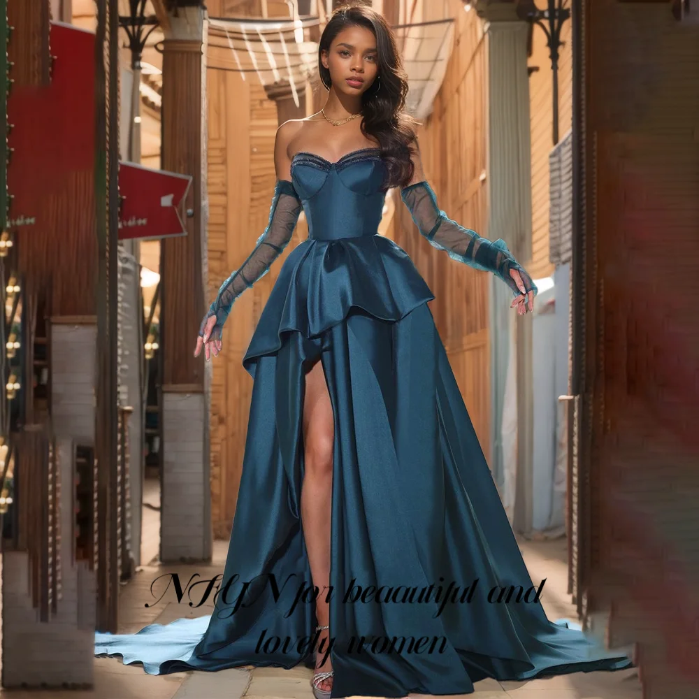 

NFYN Navy Blue Special Occasion Dress A-Line with Pleats Formal Dress Off the Shoulder with Side Split Evening Dress Customized