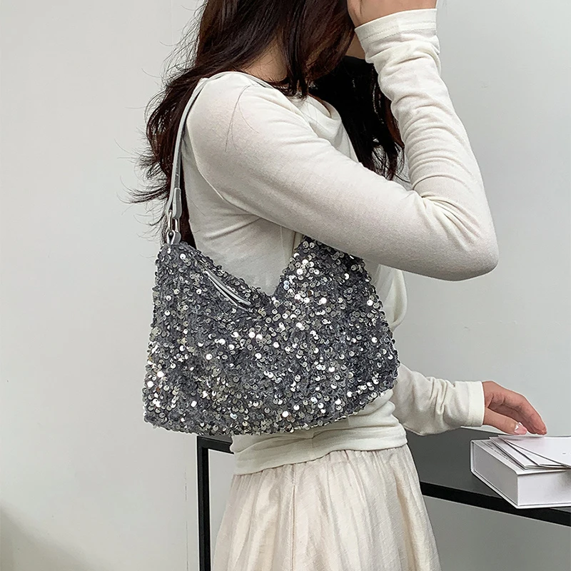 Sequin Underarm Bag Women 2024Luxury Designer Shoulder Bag Korean Fashion Shiny Party Handbag Evening Clutch Female Mobile Purse