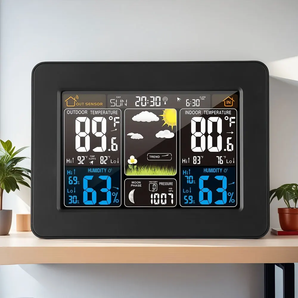 

Wireless temperature and humidity meter weather clock home thermometer weather station LCD wall mounted large color screen