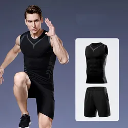 Men's Fitness Suit Tight Sport Quick Dry Short Sleeve Tracksuit Running Fake Two Pieces Shorts Sweat Breathable Gym Clothing Men
