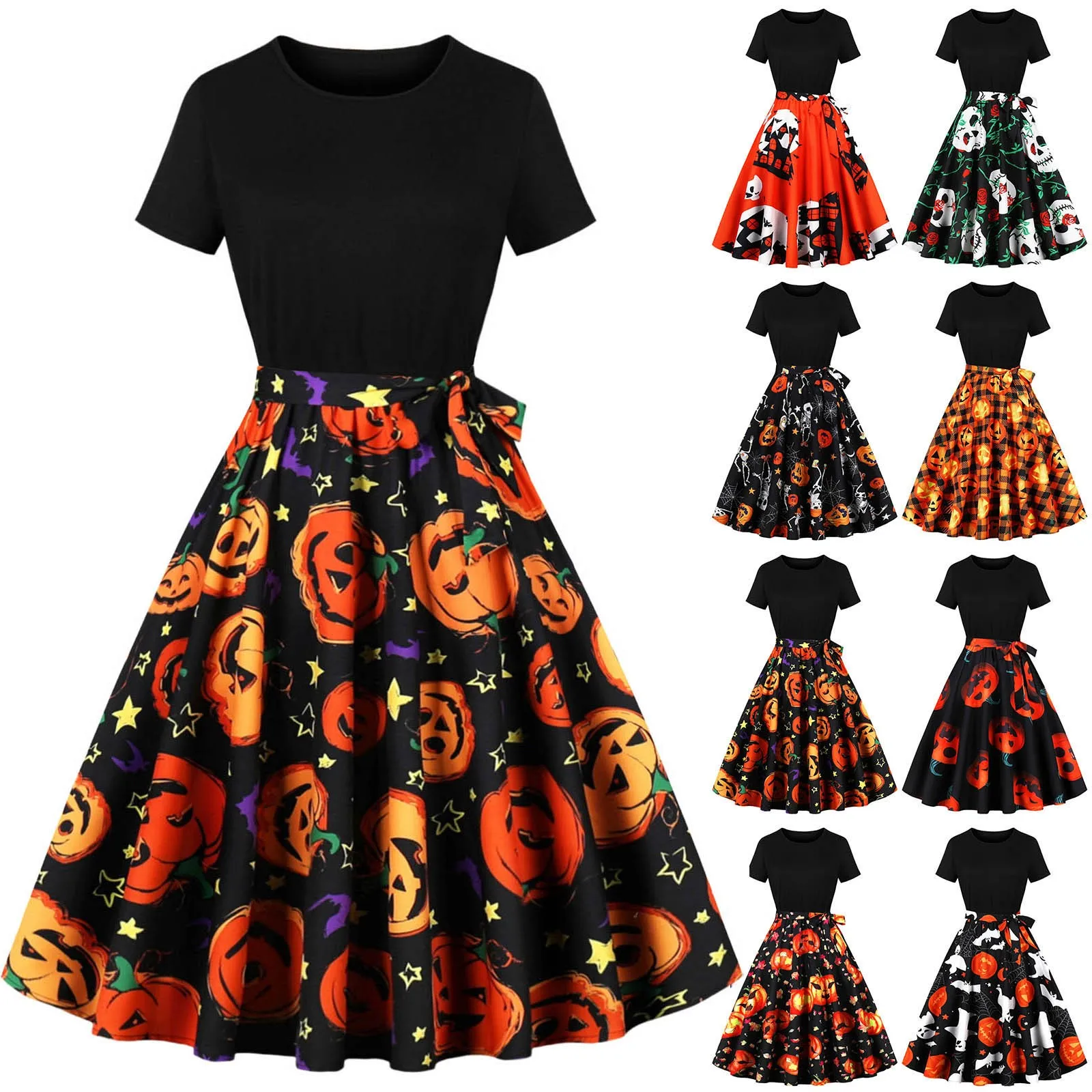 

Halloween Retro Vintage Women Dress Plaid Printed England Style Large Size Shirt Sundress 50s 60s Pinup Swing Casual Dresses