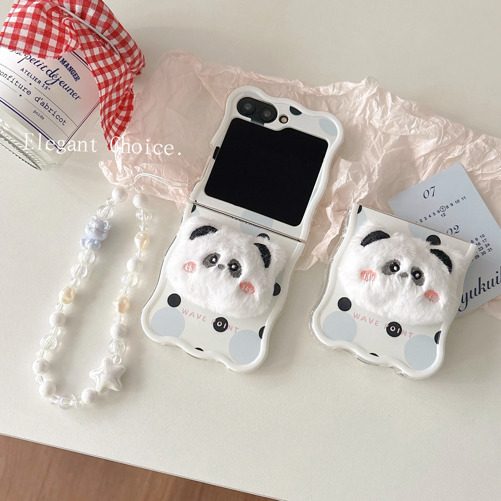 Plush teddy bear folding case suitable for Samsung Z flip 65432 wave point cat phone case anti drop bracelet soft TPU material