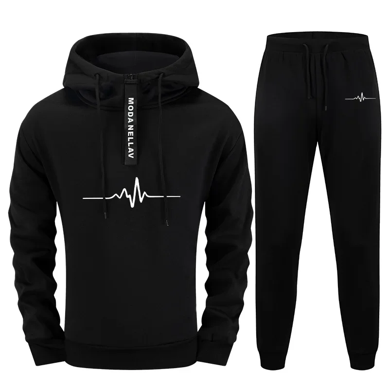 

2025 Premium Men 2 Piece Set Half Zip Hoodie with Sweatpants Urban Streetwear Tracksuit Outfit Autumn Winter