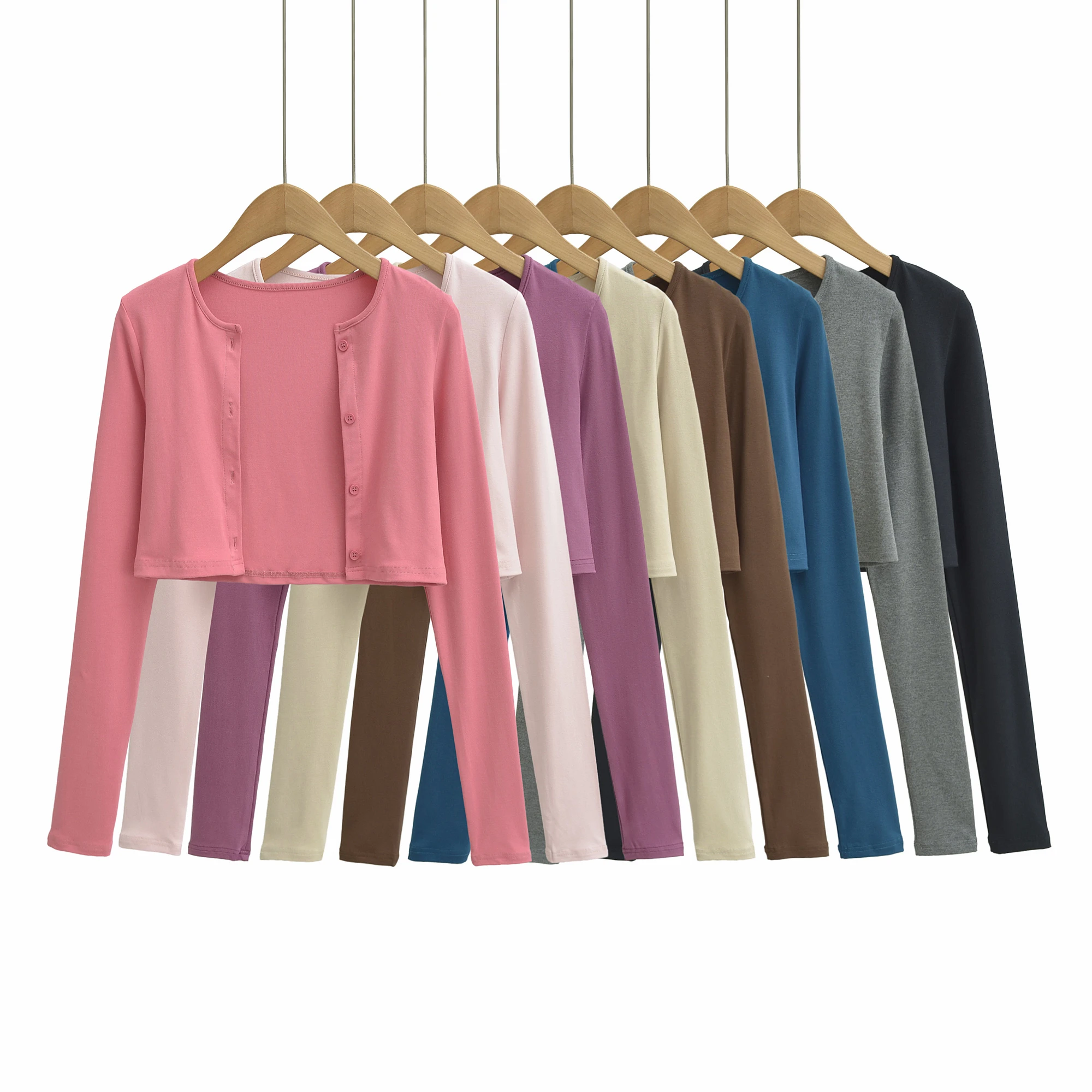 8 Colors Autumn Women Plain Color O Collar Jersey Long Sleeve Tee Single-breasted Buttons Base Short T-shirts Crop Top Black