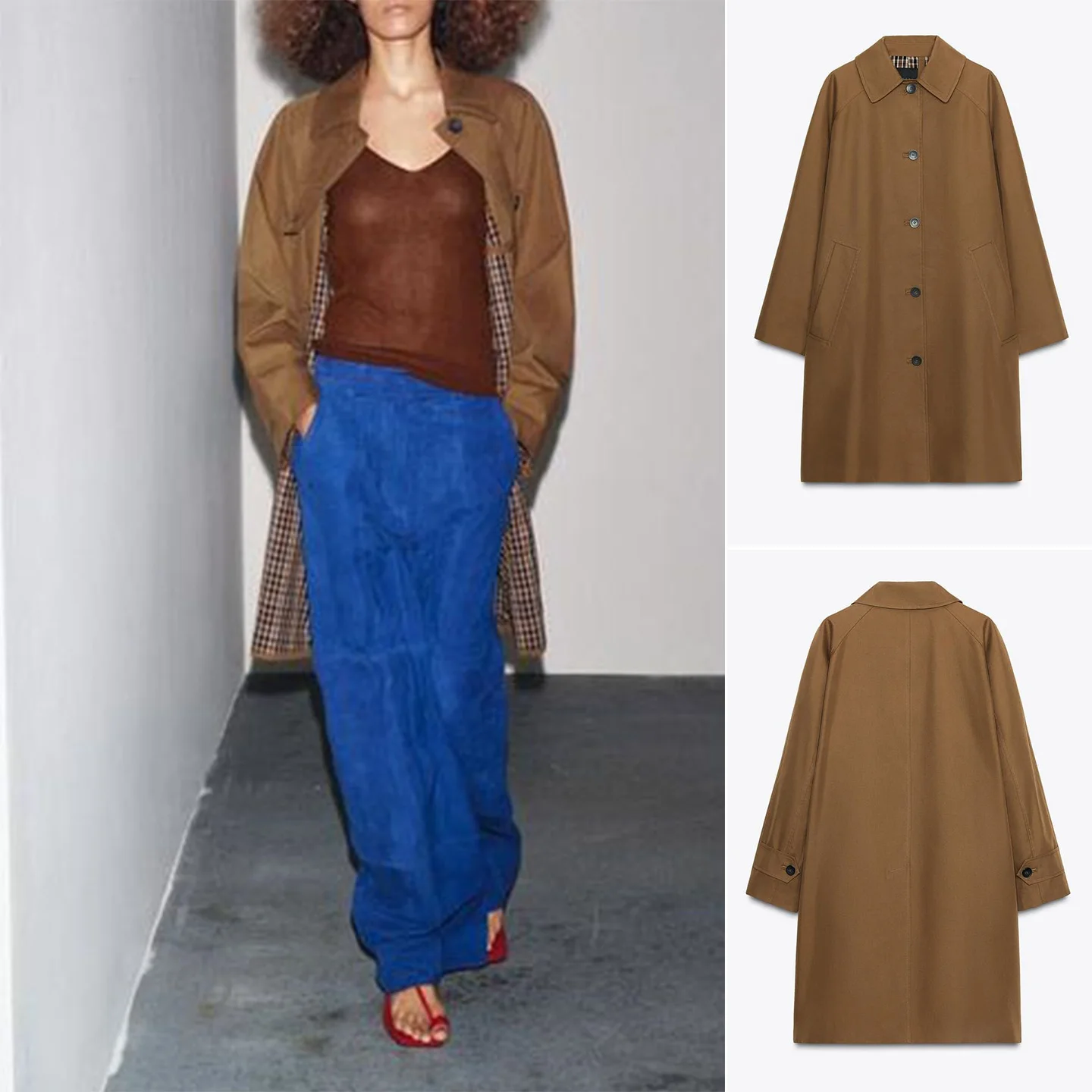 

New Autumn 2025 Briti Sle Long Sve Turn-down Collar Buttoned Mid-length Coat Jaet Women's Commute Loose Fit Polyester