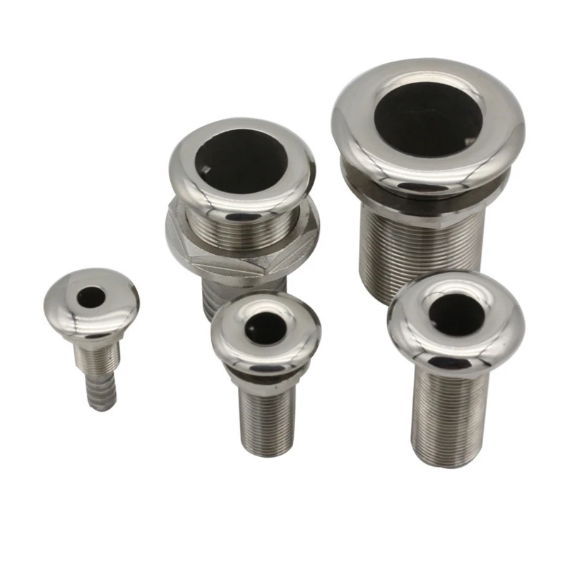 Marine Thru-Hull Water Outlet Fitting, 316 Stainless Steel with Threaded Body and Hose-Barb End for Boat Plumbing