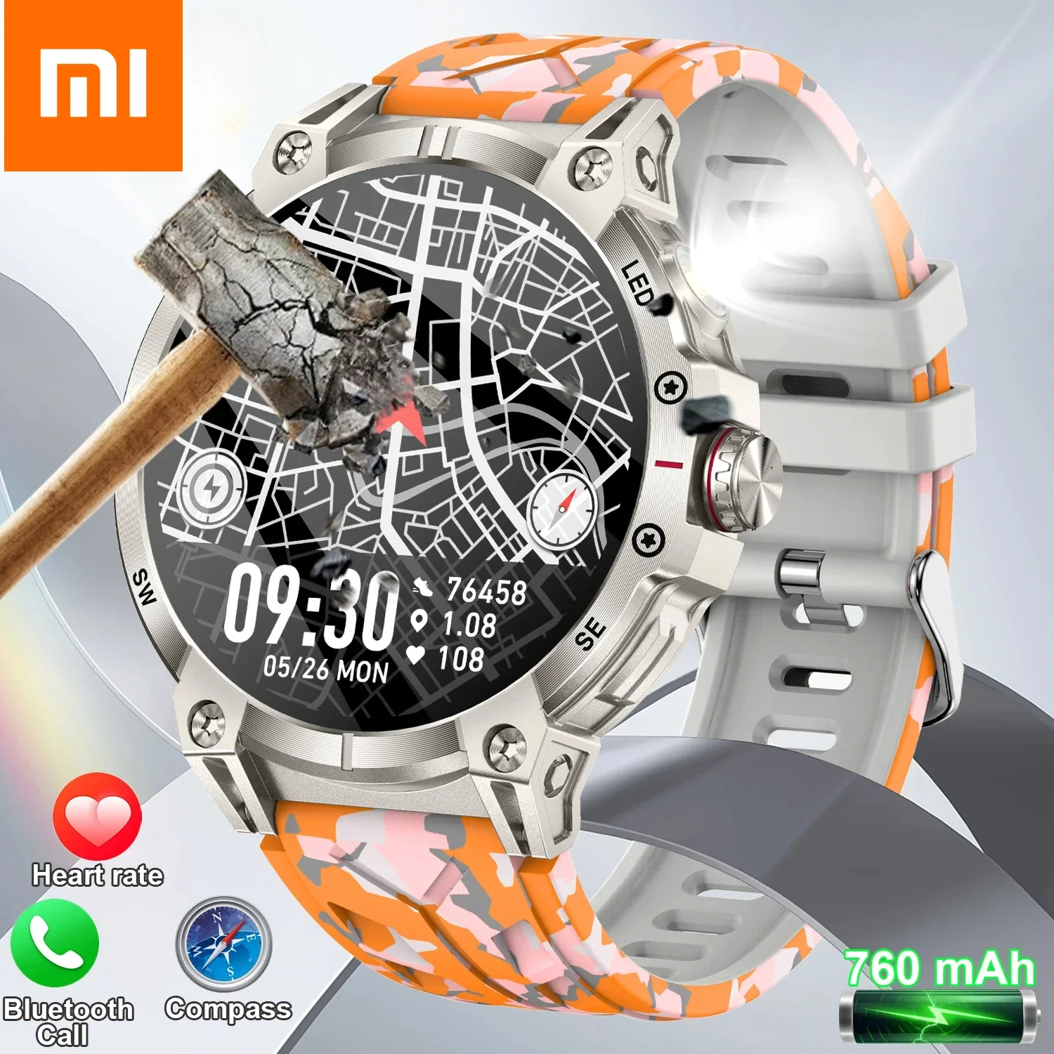 Xiaomi 2025 جديد بطارية كبيرة في الهواء الطلق ساعة ذكية الرجال 1.85 بوصة HD شاشة GPS البوصلة بلوتوث دعوة IP68 مقاوم للماء Smartwatch