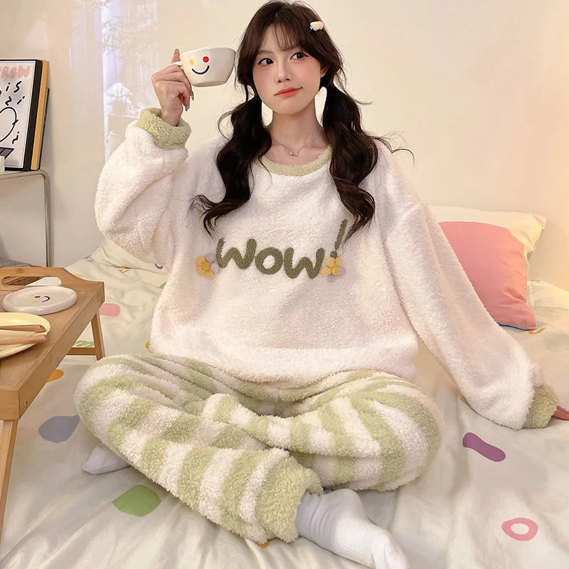 2024 Winter Long Sleeve Thick Warm Flannel Pajama Sets for Women Cute Cartoon Coral Velvet Sleepwear Suit Homewear Home Clothes image 4