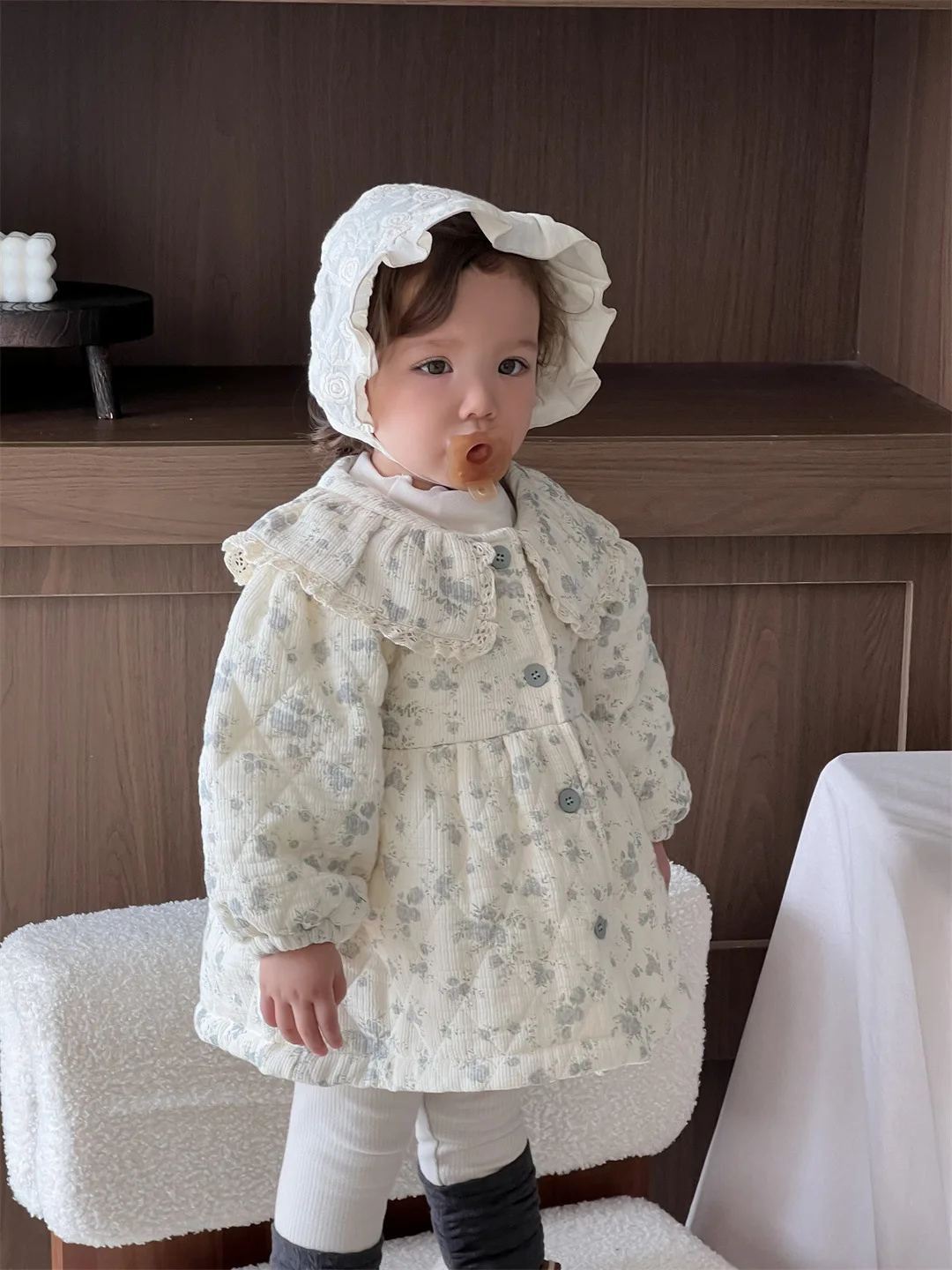 2025 Winter Nieuwe Baby Meisjes Leuke Bloemen Fleece Jas Peuter Plus Fluwelen Dikke Revers Jas Meisjes Gewatteerde Jas Baby Warme kleding