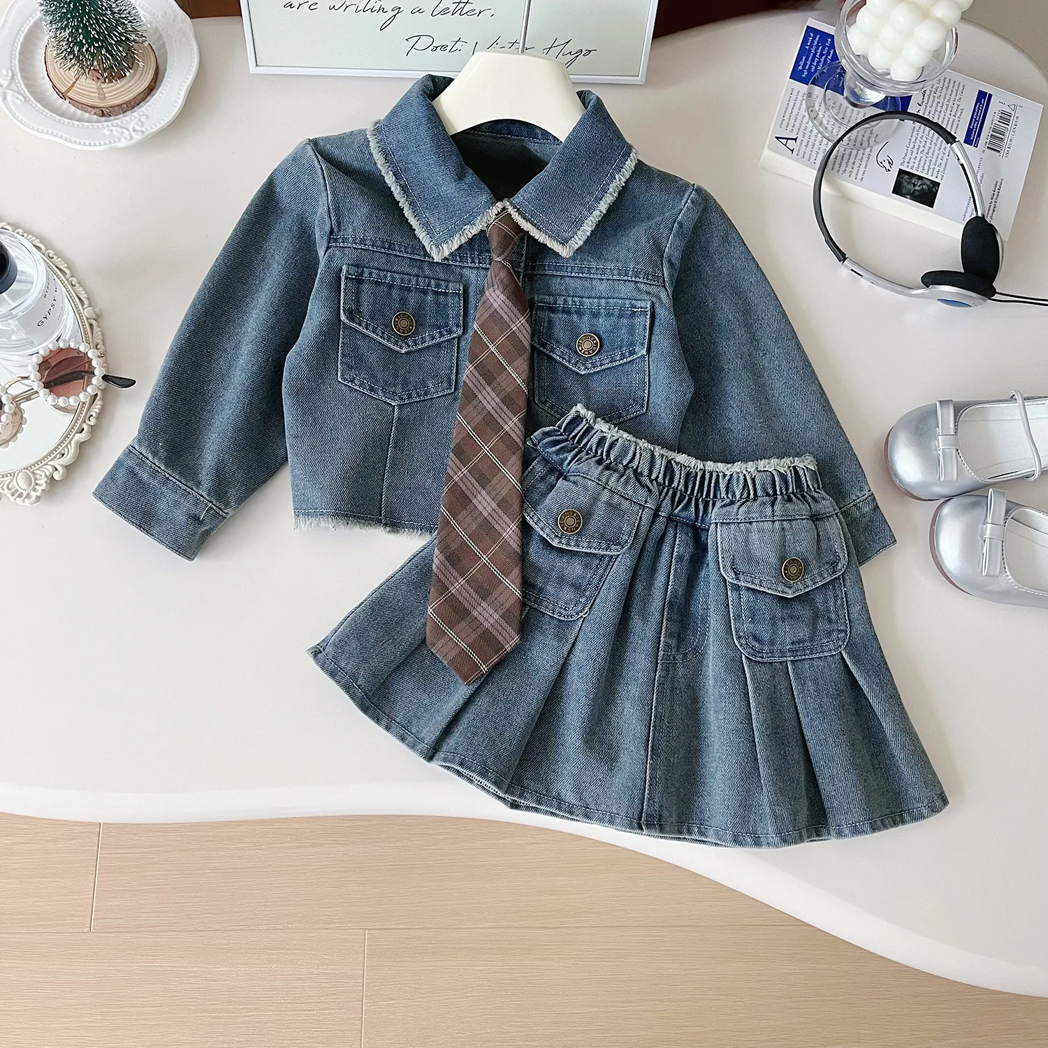 Double pockets metal button rough selvedge turn-down collar denim jacket+Pleated denim skirt  girls clothes