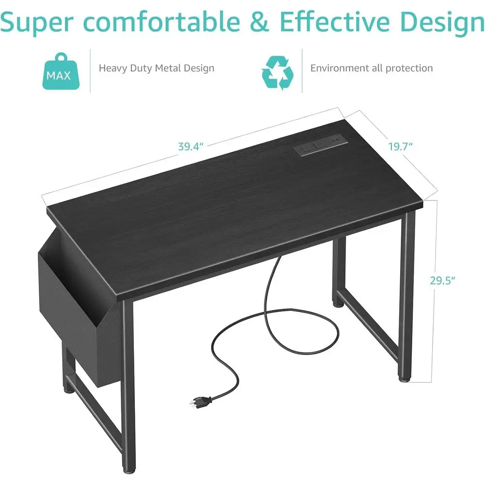 مكتب كمبيوتر أسود 39 40 قابل للتعديل مع مخرج طاقة مدمج ومحطة شحن للمراهقين والمكاتب المنزلية