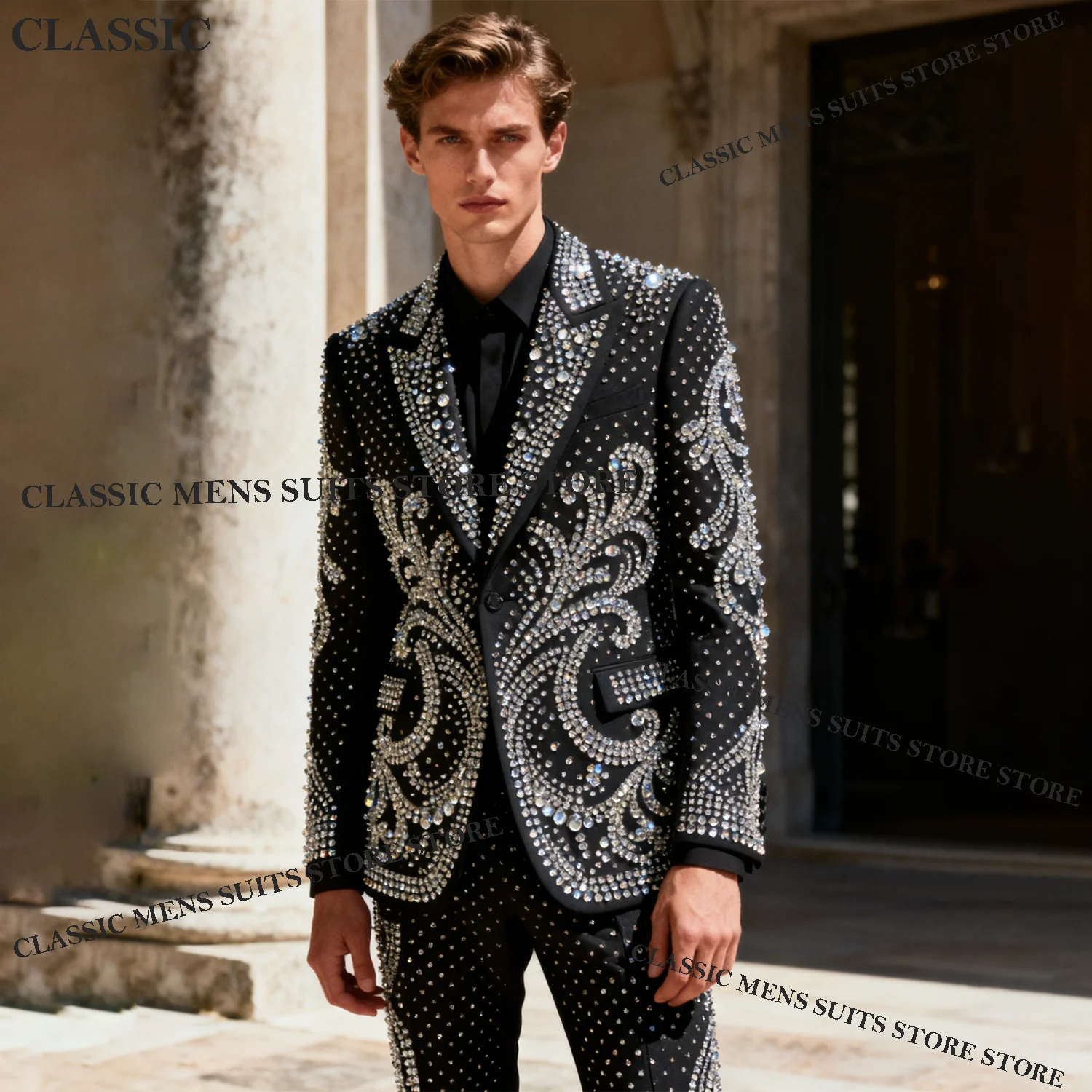 

Luxury CustomizedCoat Style Men Suit 2 Piece Sets Groom Male Blazers Rhinestone Beaded Peaked Lapel Ropa hombre Wedding Tuxedos