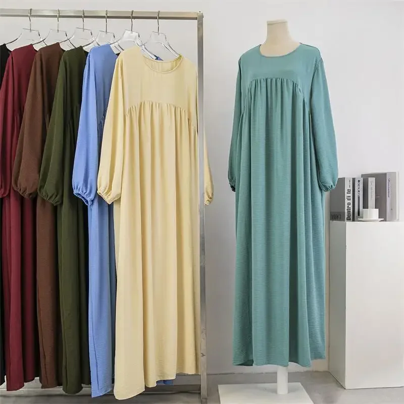 Women Eid Muslim Abaya Dubai Puff Sleeve Long Robe Morocco Solid Casual Vestidos Pockets Loose Kaftan Islam Abayas Modest