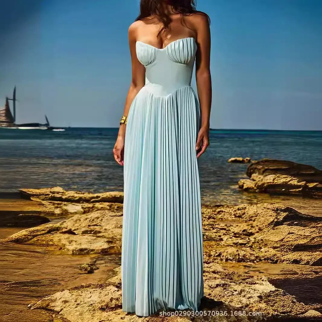 Suninheart Summer Sexy Strapless Dresses Women 2024 New Arrivals Elegant Pleated Dress Maxi Bustier Corset Party Dresses Club