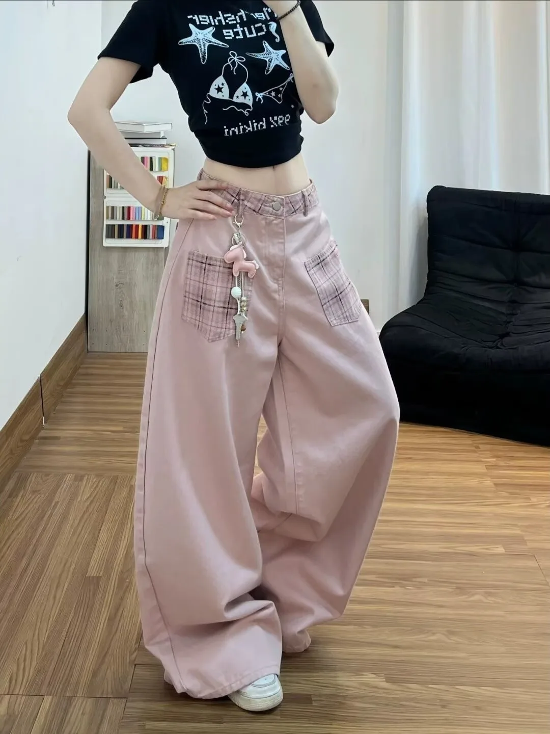 Pink High Waist Wide Leg Jeans Women's Spring Autumn Winter Plaid Splicing Sweet Style Loose Knife  Floor Length Pants
