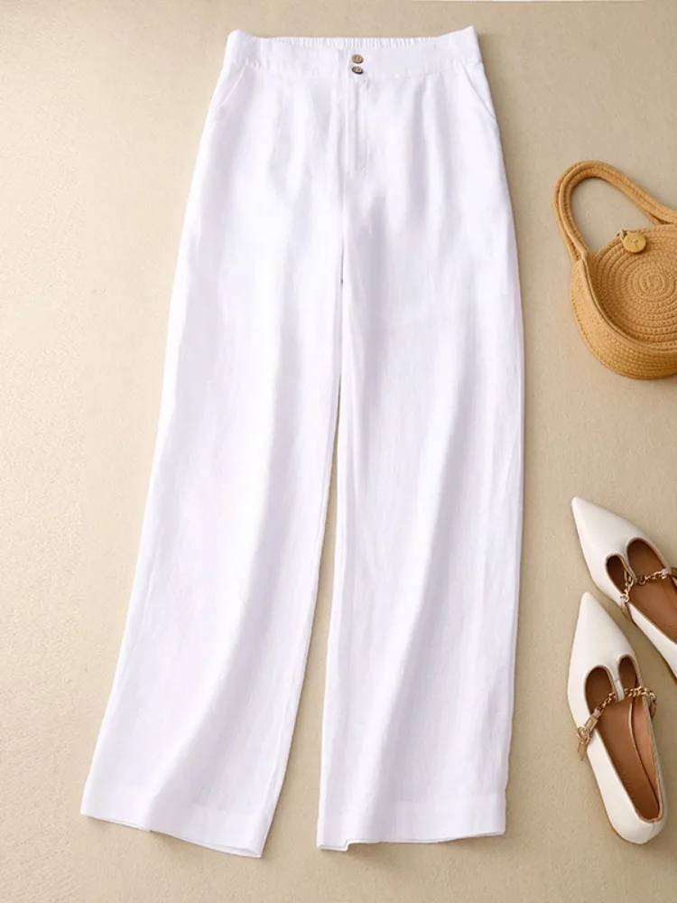 Letnie damskie spodnie z wysokim stanem, szerokie nogawki, lniane, luźne, codzienne spodnie, wyszczuplające, proste, bawełniano-lniane, długie spodnie typu skinny.